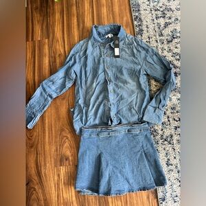 Light Blue Denim Button-Up Shirt and Skirt Set
